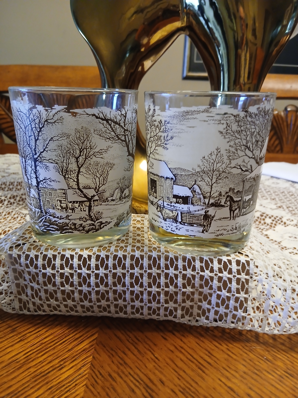 Currier & Ives Pair Of Rocks Glasses Winter Scene